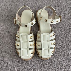 Freda Salvador Sera Fisherman Sandal in Dove White Calf with Gold Studs - Size 8